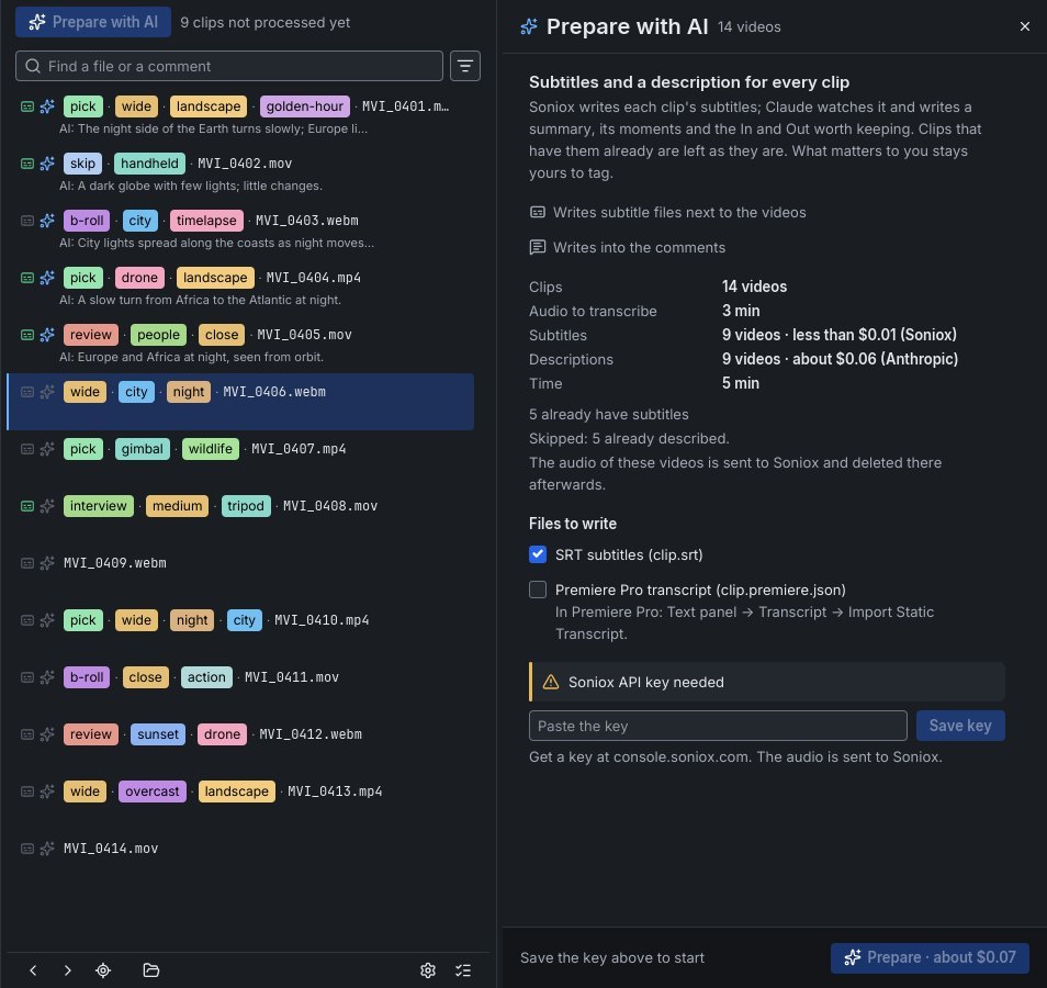 Карточка Prepare with AI рядом со списком файлов: 14 видео, 3 минуты звука, субтитры меньше $0.01, описания около $0.06, 5 минут